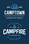 Set of camp logo with campfire and family trailer. Explore wilderness.