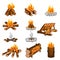 Set campfire isolated in flat style on white background. Different kind campfire hiking, wooden fire, stone fireplace