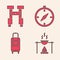 Set Campfire and pot, Binoculars, Compass and Suitcase icon. Vector