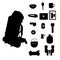 A set of camping equipment. Backpack and vital camping equipment. Travel emblems walking outdoors. Black silhouettes