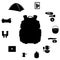 Set of camping equipment. Backpack and vital hiking items. Travel emblems walking outdoors. Black silhouettes