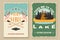 Set of camping retro posters. Vector illustration. Vintage typography design with bear in canoe, lake, forest, matches