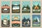 Set of camping retro posters. Vector. Outdoor adventure. Vintage typography design with backpack, motor home, camping