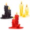 A set of candles in varying degrees of burnout on a white background. Red, black, yellow candles for divination in