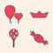 Set Candy, Balloons in form of heart, Folded paper boat and Lollipop icon. Vector