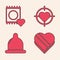 Set Candy in heart shaped box, Condom in package, Heart in the center of darts target aim and Condom icon. Vector