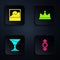 Set Candy, Photo, Cocktail and Crown. Black square button. Vector