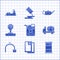 Set Canister for motor oil, Barrel, Tanker truck, Industry pipe and valve, Gauge scale, and Oil tanker ship icon. Vector