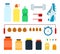Set of cans, bottles with drinks, sports nutrition and sportsman outfit flat vector Illustration