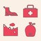 Set Canteen water bottle, Hiking boot, First aid kit and Mountains icon. Vector