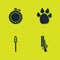 Set Canteen water bottle, Shotgun, Medieval spear and Paw print icon. Vector