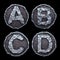 Set of capital letters A, B, C, D made of forged metal in the center of coin isolated on black background. 3d