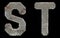 Set of capital letters S and T made of industrial metal isolated on black background. 3d