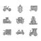 Set Car, Delivery truck, Tractor, Cargo ship, cargo, TV News, Rv Camping trailer and Bicycle icon. Vector