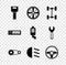 Set Car key with remote, Alloy wheel, Chassis car, Timing belt kit, High beam, Steering, Audio and muffler icon. Vector