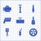 Set Car mirror, muffler, wheel, key with remote, Engine piston, spark plug and Check engine icon. Vector