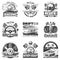 Set of car racing black monochrome emblems, labels, logos and championship race badges with descriptions of classic