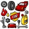 Set of car repair service objects and items