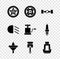Set Car wheel, Chassis car, Funnel and oil drop, Engine piston, seat, High beam and air pump icon. Vector