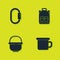 Set Carabiner, Camping metal mug, pot and Hiking backpack icon. Vector