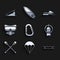 Set Carabiner, Parachute, Skateboard, Aqualung, Crossed paddle, Diving mask, Snowmobile and on street ramp icon. Vector