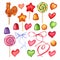 Set of caramels of different colors and shapes. Lollipops in the shape of star and heart. Lollipops cockerel, jelly, spiral