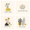 Set of card template with potted flowers and cute phrases. Vector hand-drawn illustration in scandinavian style for home decor.