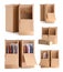 Set of cardboard wardrobe boxes on background