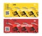 Set of cards with fuelling 3d nozzel illustration, modern gift certificate for gas station on bright yellow and red with