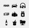 Set Cars, Electric car, Headphones and CD or DVD, Bottle of wine, bucket and FTP folder icon. Vector