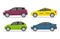 Set of cars on isolated background. Flat auto in side view. Design road vehicle of hatchback, sedan, suv type. Cartoon collection