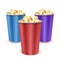 Set of carton bowls filled of popcorn, bag full of popcorn. Realistic vector illustration