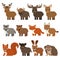 Set of cartoon animals of the forest and taiga, flat style. Vector isolated illustration on white background. Deer, fallow deer,