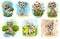 Set of cartoon animals. Summer landscapes of childhood. Beautiful baby kids. Cute little funny characters. Isolated on