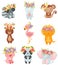 Set of cartoon animals with wreaths of flowers on their heads. Vector illustration on white background.