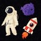 Set of cartoon astronaut, rocket and planet in cosmos