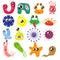 Set of cartoon bacteria, fun characters, cute monsters with different shapes, colors and facial expressions. Funny virus