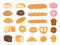 Set of cartoon baking pastry products for bakery menu, recipe book. Baguette, rye bread, whole wheat loaf, bagel