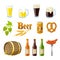 Set of cartoon beer: light and dark beer, mugs, bottles, hop cones, barley, beer keg, pretzel and sausages. Vector illustration