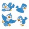 Set of cartoon blue birds on white