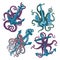 Set of cartoon blue octopus with anchors