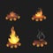 Set of cartoon Bonfires on logs on black background isolated illustration. Camping fire evolution