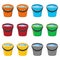 Set of cartoon buckets with water isolated on white background. Colorful plastic or metallic buckets with and without shadow