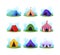 Set Cartoon Camping and Circus Tents, Colorful Campsite Domes, Houses for Show, Outdoor Recreation and Hiking Adventure