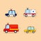 Set of cartoon cars: police car, ambulance, firefighter truck, taxi.
