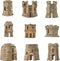 Set of cartoon castles stone towers isolated monochrome icons. Round constructions to defense kingdom, ancient security castles,