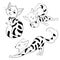 Set of cartoon cats. Collection of cute spotted kittens. Black and white drawing for children with playing cats. Linear