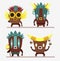 Set of cartoon characters in the mask of the Aztecs. Aztecs with spear, skulls, feathers and staff isolated on white background. A