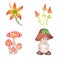 Set of cartoon characters. Mushrooms, fly agaric and red flower.