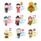 Set of cartoon characters saying hello and welcome in 9 languages spoken in America